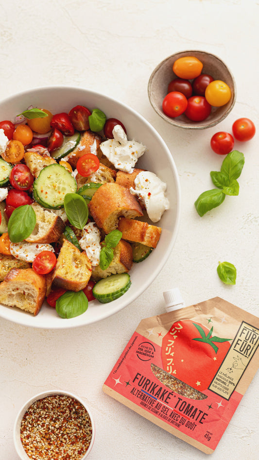 PANZANELLA AUX CONCOMBRES, TOMATES CERISES MULTICOLORES & BURRATA